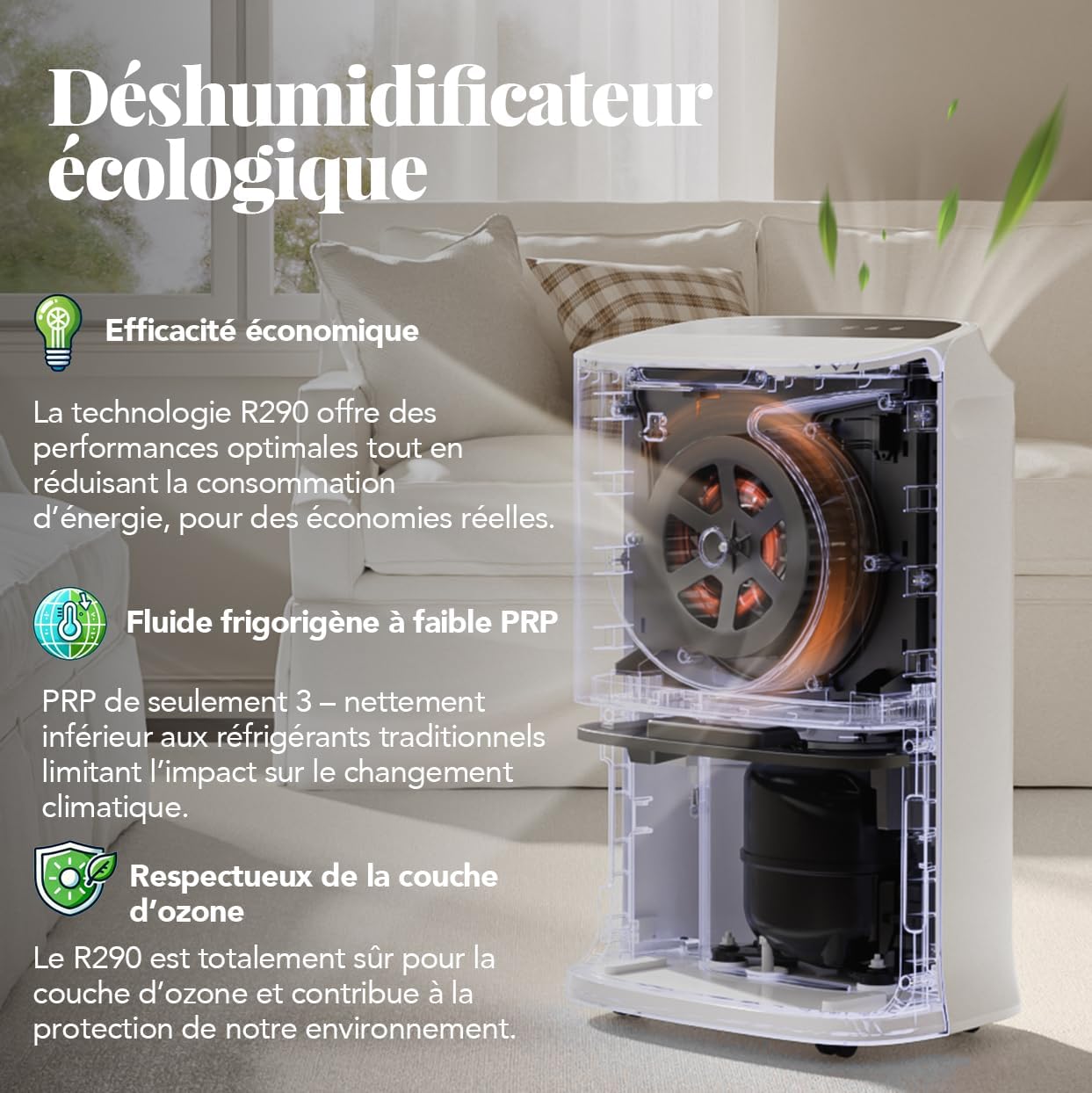  Déshumidificateur Intelligent 22 L/jour Pour La Maison, La Cave, La Chambre à Coucher – Silencieux, Puissante évacuation De L'humidité, Dégivrage Automatique, Verrouillage Enfant, Filtre à