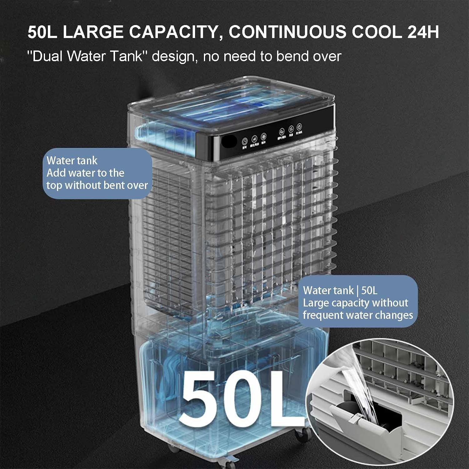 GENERIC Refroidisseur De Climatiseur Industriel Portable 200 W, Réservoir D'eau De 50 L, Faible Bruit, 3 Vitesses De Vent, Zone De Refroidissement Jusqu'à 60 M², Convient Pour Une Utilisation En Intérieur
