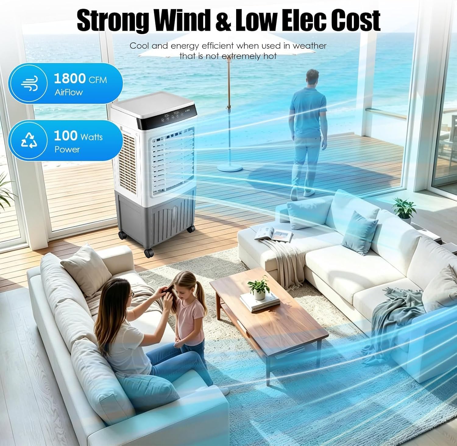 GENERIC Refroidisseur D'air Par évaporation, 3 100 CFM Avec 3 Modes, Vitesses Du Vent, Oscillation à 120°, Minuterie De 0 à 7,5 H, AC Portable Pour Terrasse, Garage, Utilisation Commerciale