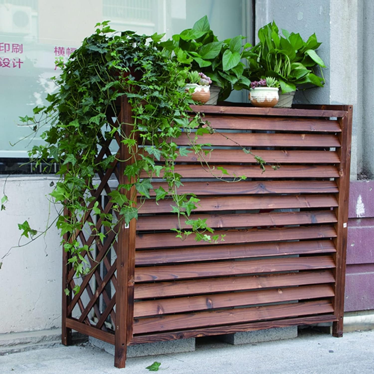  Housse De Climatiseur En Bois Massif Et écran De Garde-corps – Poubelle Multifonction Avec Support De Fleur Pour Pompe à Chaleur, Grille De Protection Pour Une Utilisation En Extérieur