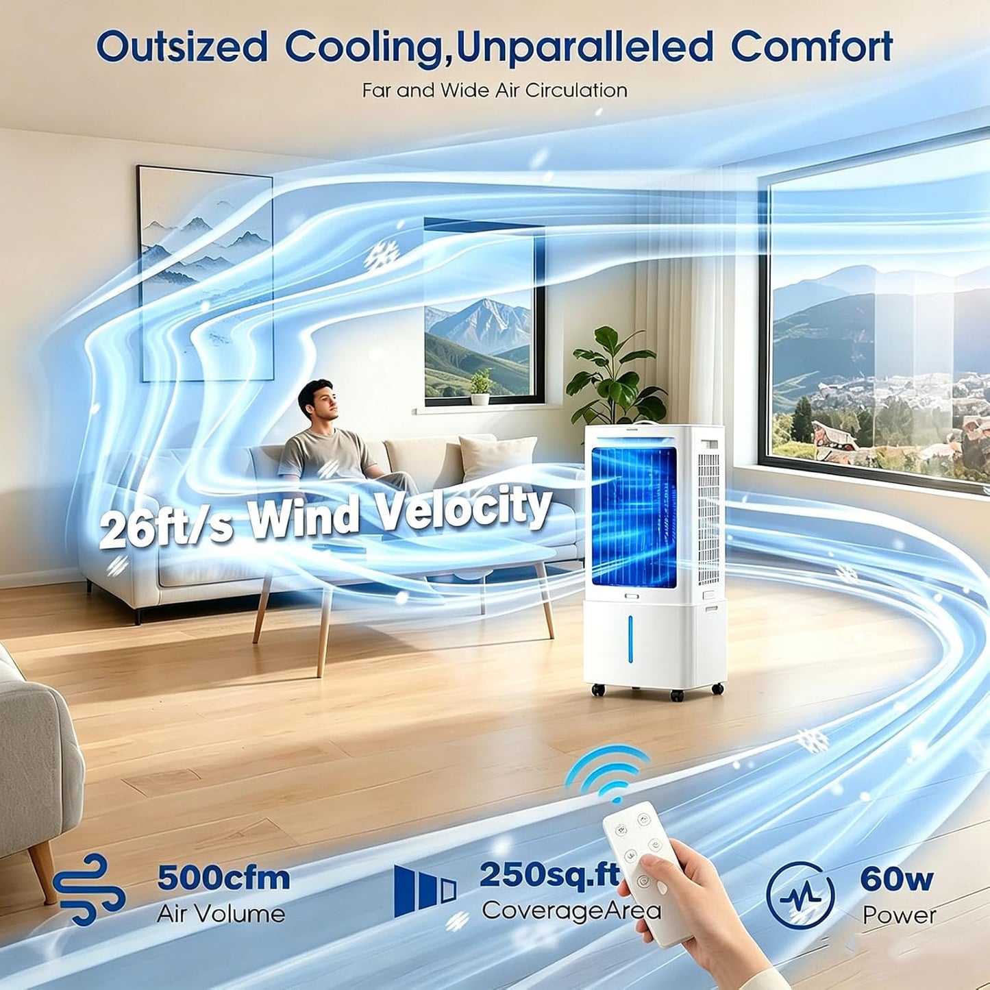  Climatiseur Mobile 25L, Refroidisseur D'Air Évaporatif Avec Télécommande, 3 Vitesses Et 3 Modes, Minuterie 12H, 2 Boîtes Des Glacières, Climatisation Portable Pour Maison Bureau Chambre Cuisine