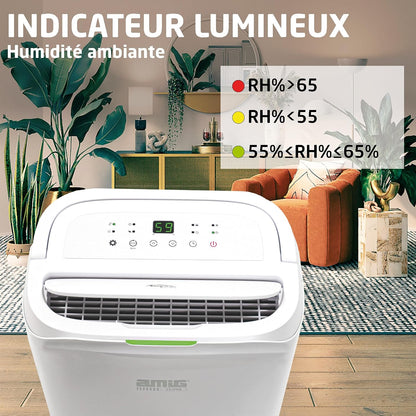 Amig – Déshumidificateur MIST - Capacité 20L/Jour - Régulation De L'humidité Et Minuterie - Réservoir D'eau Amovible 5,5L - 36x28x56 Cm - 270W - Couverture 160m³/h - Silencieux 42 DB - Séchage Linge