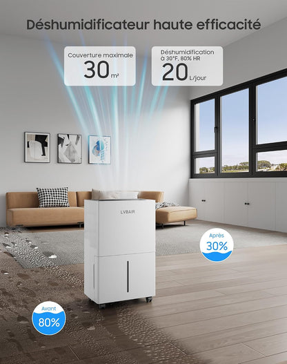  Déshumidificateur 20L/jour - Déshumidificateur électrique Puissant, économe En énergie, Portable, 3 Modes Et Contrôle Intelligent De L'humidité, Déshumidificateur électrique