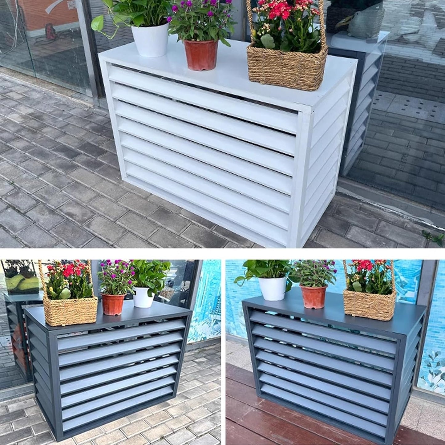 GENERIC Housse En Aluminium à 4 Panneaux Pour Climatiseur D'extérieur Et Support De Fleurs, Clôture Résistante Aux Intempéries, Noir (110 X 60 X 80 Cm)