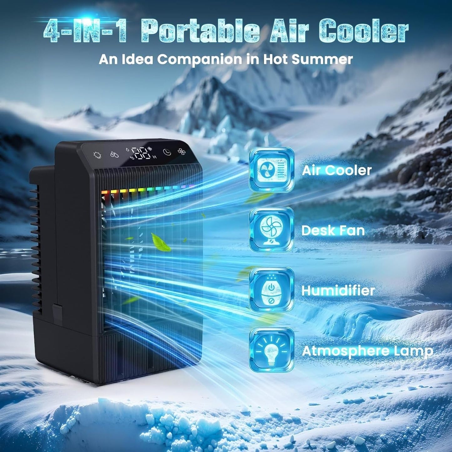  Mini Refroidisseur D'air évaporateur Mobile Avec Réservoir D'eau De 1000 Ml Et 2 Buses De Pulvérisation, 4 Niveaux De Ventilateur Et Minuterie (2 à 12 Heures), éclairage RVB Silencieux (7 Couleurs