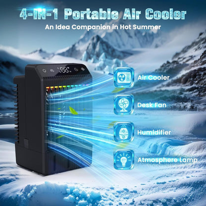  Mini Refroidisseur D'air évaporateur Mobile Avec Réservoir D'eau De 1000 Ml Et 2 Buses De Pulvérisation, 4 Niveaux De Ventilateur Et Minuterie (2 à 12 Heures), éclairage RVB Silencieux (7 Couleurs