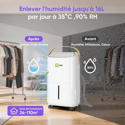  Deshumidificateur D Air 16L/Jour, Déshumidificateur Electrique, Minuterie 24H, Verrouillage Pour Enfants, Protection Anti Débordement, 110m³ (45m²), Pour Maison, Appartement, Salle De Bain, Cave