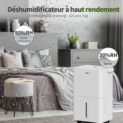  Uhome Déshumidificateur électrique, 12 L/24 H, Déshumidificateur D'ambiance 54 M³/18 M², Avec Arrêt Automatique, Capteur D'humidité, Mode Lavage Et Filtre à Charbon Actif, Tuyau D'arrosage