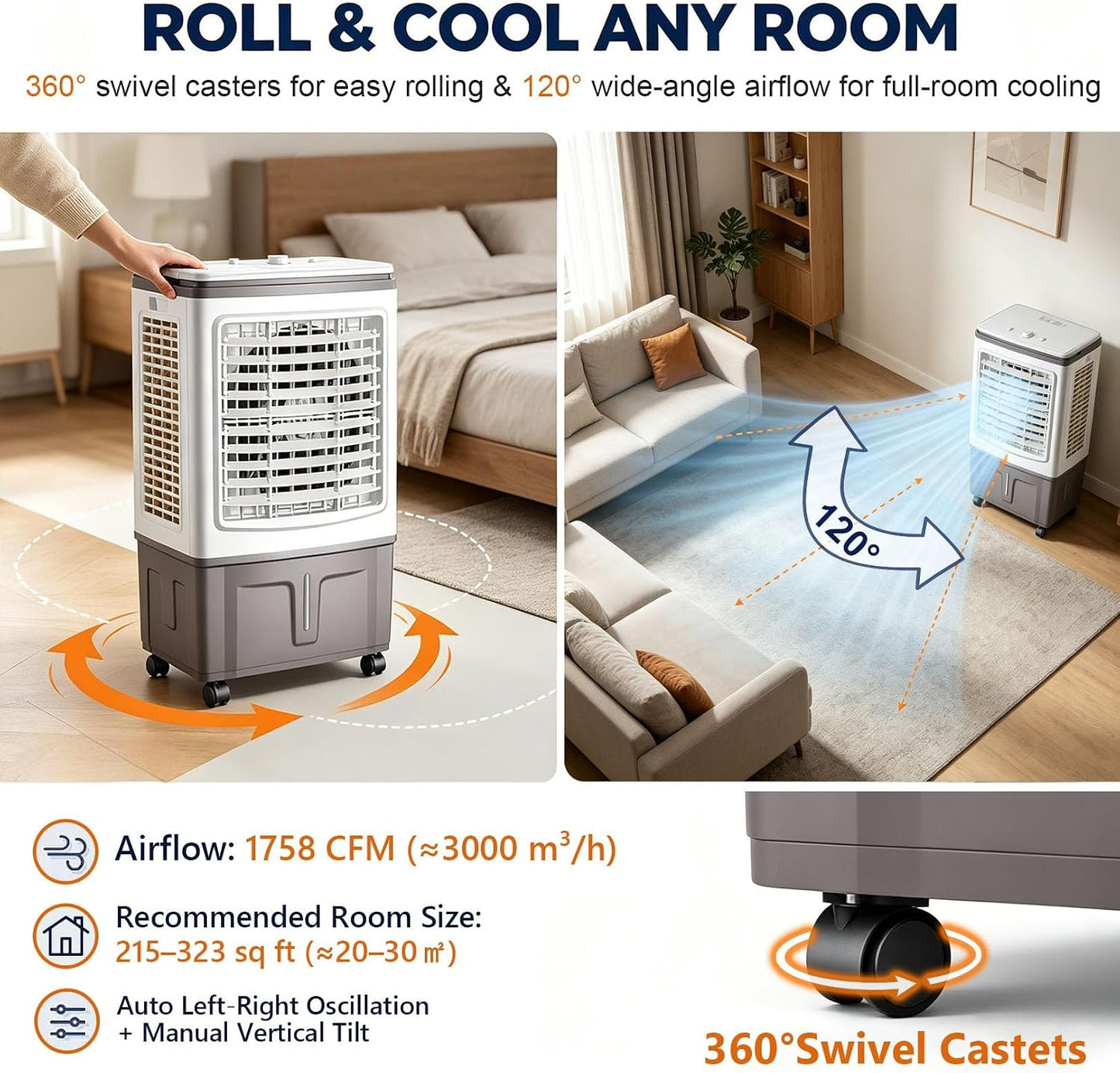 GENERIC Ventilateur Refroidisseur D'air Portable Avec Réservoir De 30 L Et Blocs De Glace, Coussin à 3 Côtés, Balançoire à 120°, Roues à 360°, 3 Vitesses, For Chambre, Atelier Et Terrasse