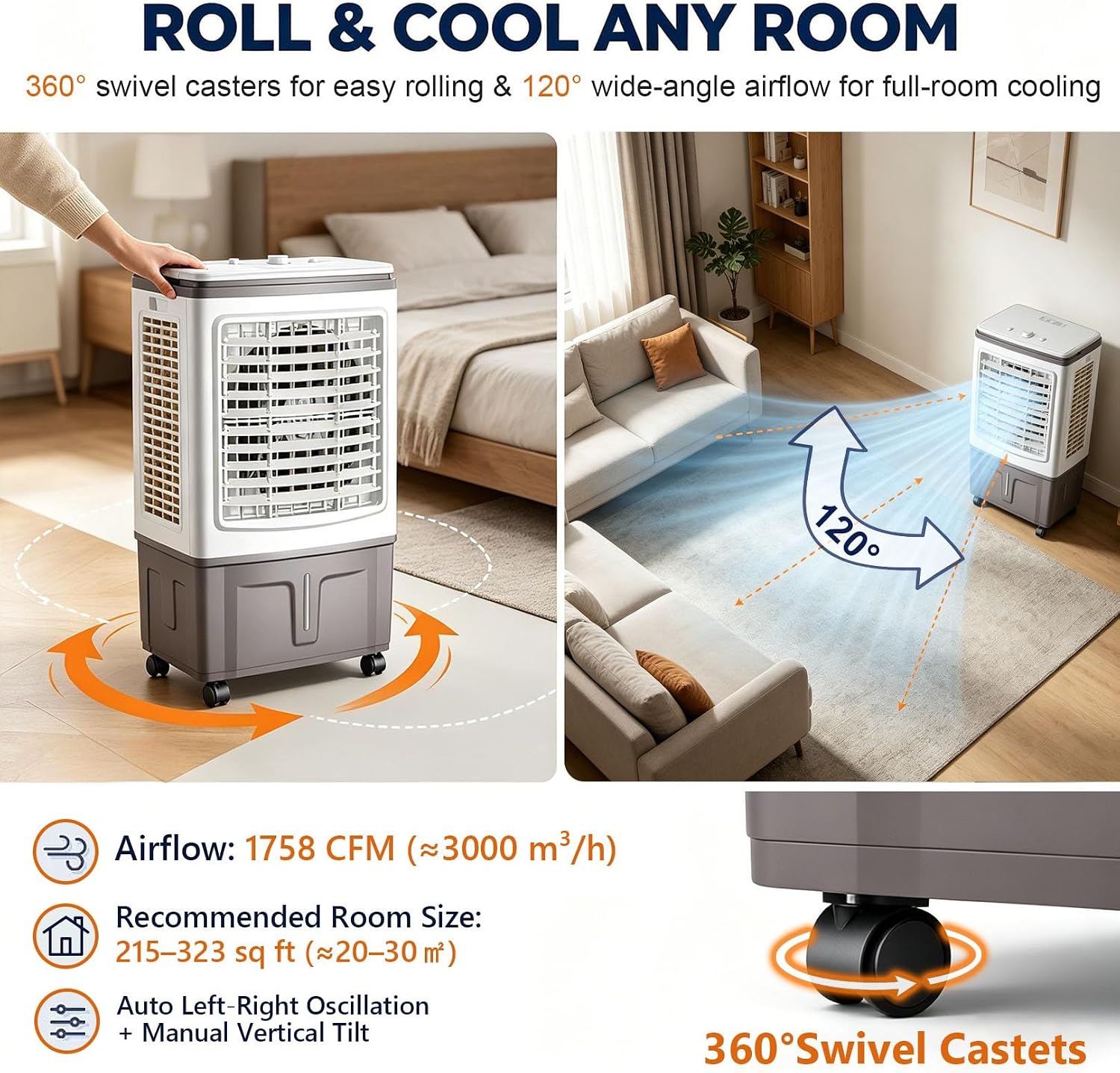 GENERIC Ventilateur Refroidisseur D'air Portable Avec Réservoir De 30 L Et Blocs De Glace, Coussin à 3 Côtés, Balançoire à 120°, Roues à 360°, 3 Vitesses, For Chambre, Atelier Et Terrasse