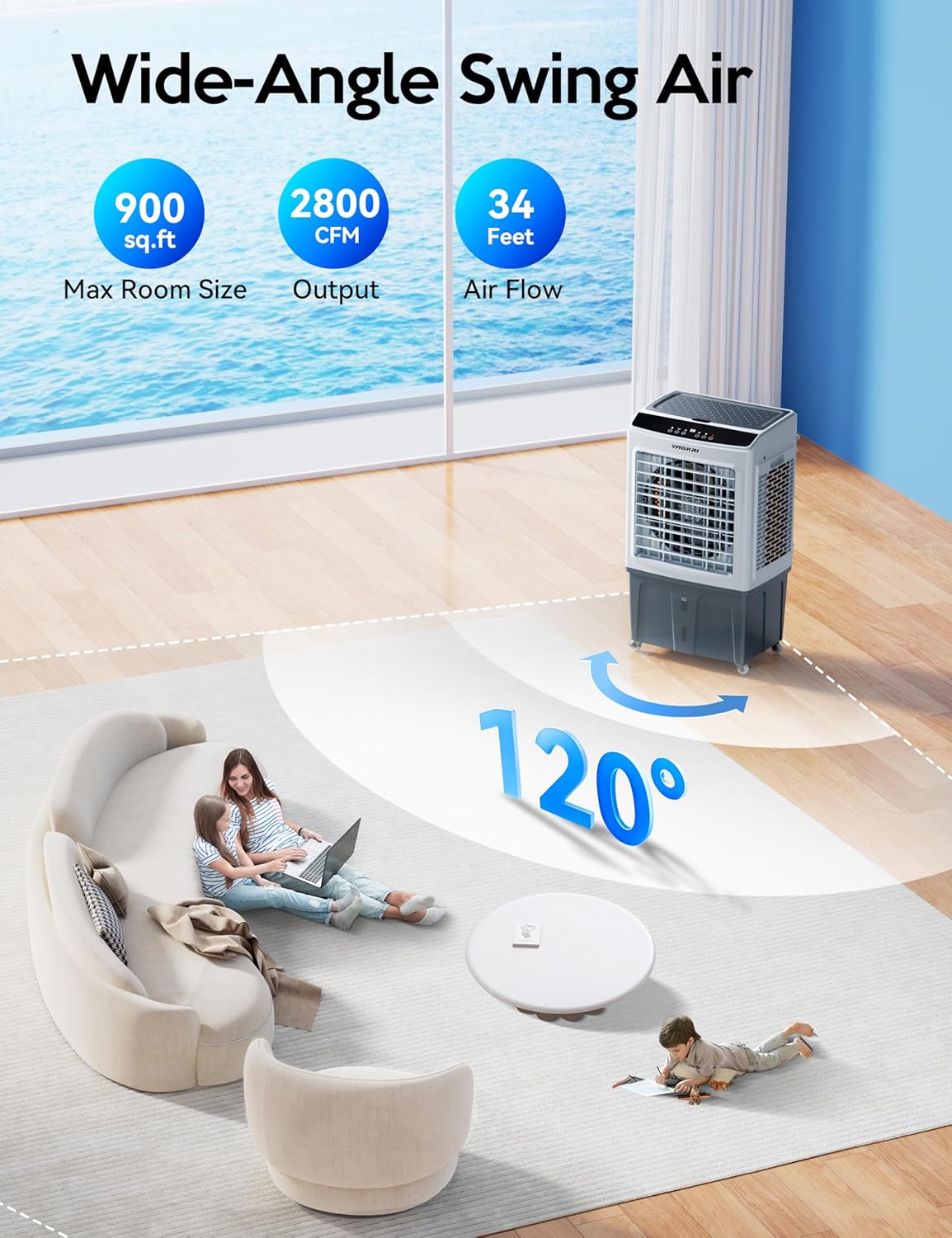  VAGKRI Refroidisseur D'air Par évaporation De 88,9 Cm, Refroidisseur De Marais De 2 800 CFM, Refroidisseur D'air D'oscillation De 120° Avec Télécommande, Minuterie 24 H, 3 Modes Et Vitesses Du Vent