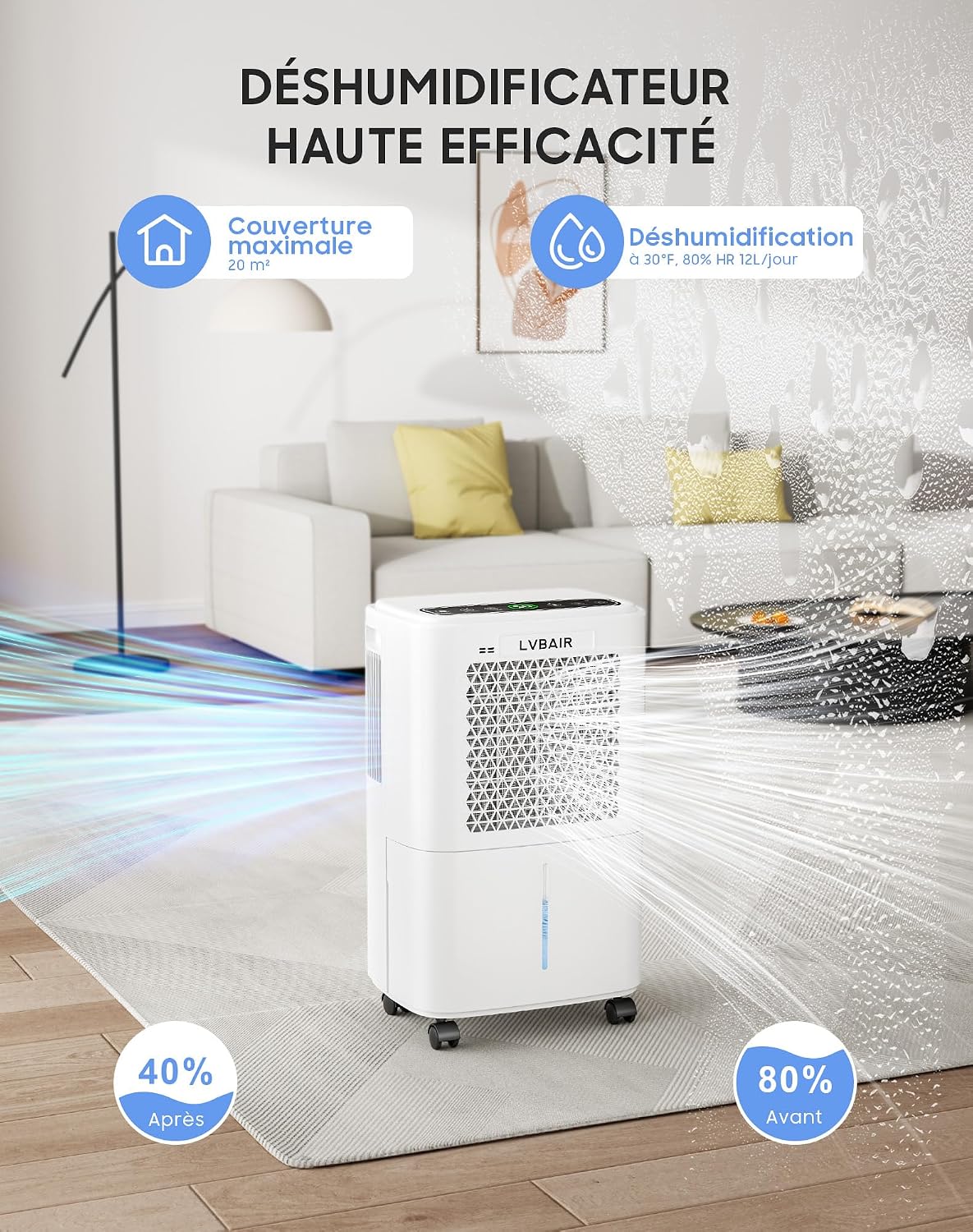  Déshumidificateur 12L/jour - Déshumidificateur électrique Puissant, économe En énergie, Portable, 3 Modes Et Contrôle Intelligent De L'humidité, Déshumidificateur électrique