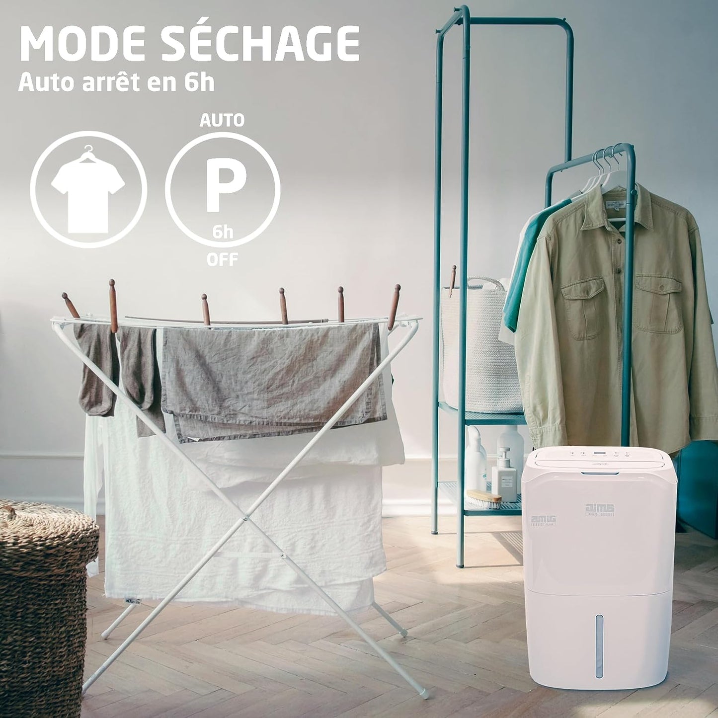  Amig – Déshumidificateur MIST - Capacité 20L/Jour - Régulation De L'humidité Et Minuterie - Réservoir D'eau Amovible 5,5L - 36x28x56 Cm - 270W - Couverture 160m³/h - Silencieux 42 DB - Séchage Linge