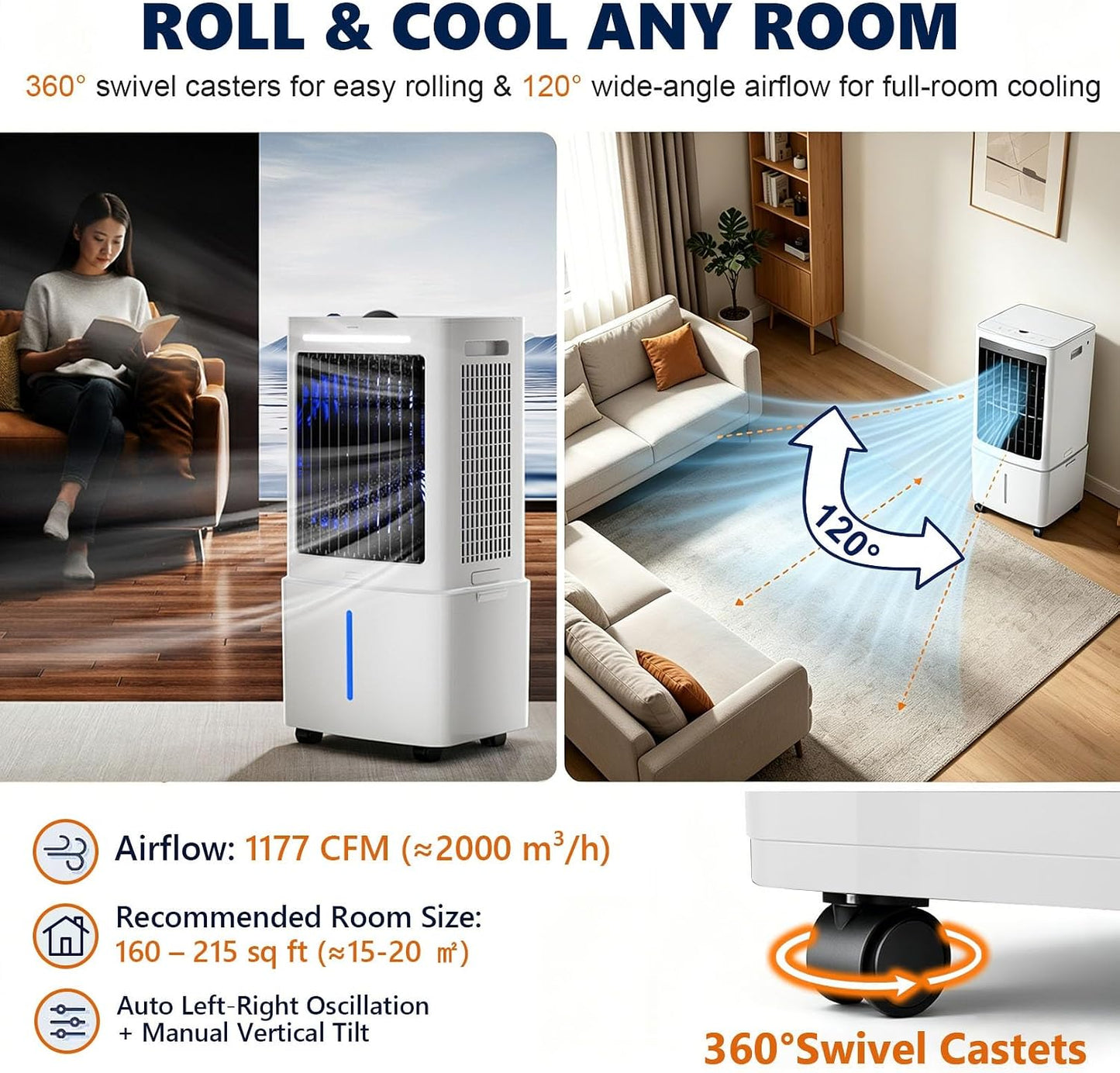  Ventilateur Refroidisseur D'air Par évaporation 3 En 1, Réservoir 25 L 9-12 H, Rotation Gauche-droite 120°, Roues 360°, 3 Réglages De Vitesse, Rideau D'eau, Sans Fenêtre, 80 W, For Garage Et Atelier