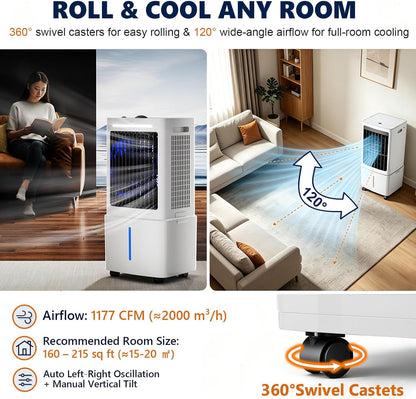  Ventilateur Refroidisseur D'air Par évaporation 3 En 1, Réservoir 25 L 9-12 H, Rotation Gauche-droite 120°, Roues 360°, 3 Réglages De Vitesse, Rideau D'eau, Sans Fenêtre, 80 W, For Garage Et Atelier