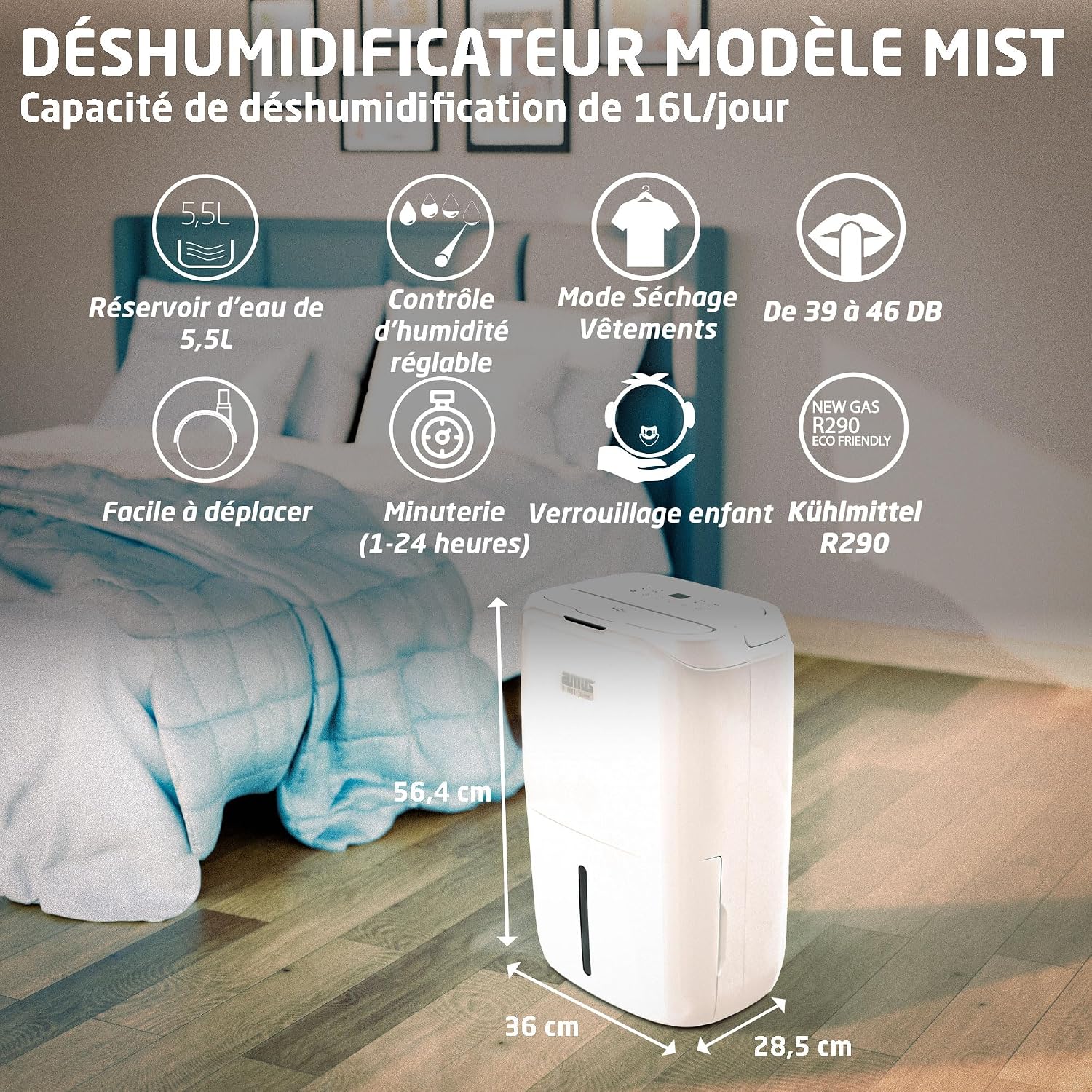  Amig – Déshumidificateur MIST - Capacité 20L/Jour - Régulation De L'humidité Et Minuterie - Réservoir D'eau Amovible 5,5L - 36x28x56 Cm - 270W - Couverture 160m³/h - Silencieux 42 DB - Séchage Linge